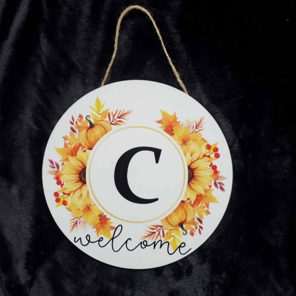 Wooden Fall Autumn Circular Welcome Sign 12" x 12" Last Name Inital "C" Sign